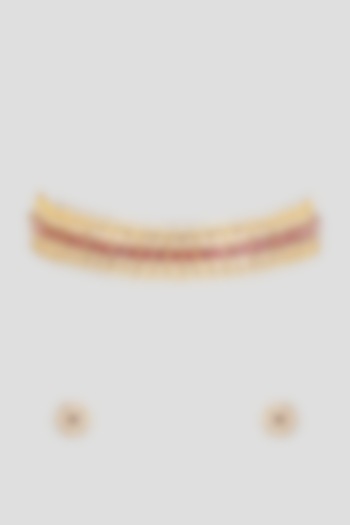 Gold Finish Kundan Polki & Red Stone Choker Necklace Set by Vivinia By Vidhi Mehra at Pernia's Pop Up Shop