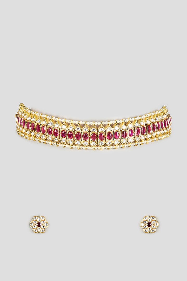 Gold Finish Kundan Polki & Red Stone Choker Necklace Set by Vivinia By Vidhi Mehra at Pernia's Pop Up Shop
