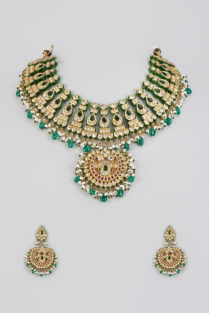Gold Finish Kundan Polki & Green Drop Necklace Set by Vivinia By Vidhi Mehra at Pernia's Pop Up Shop