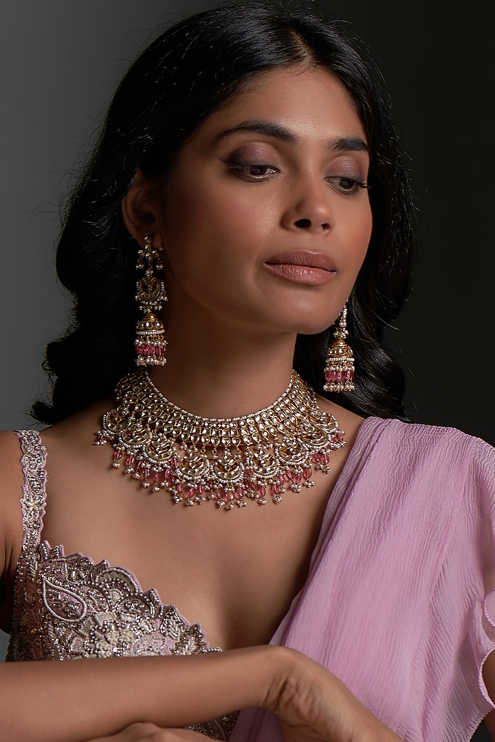 Gold Finish Kundan Polki & Pink Drop Choker Necklace Set by Vivinia By Vidhi Mehra