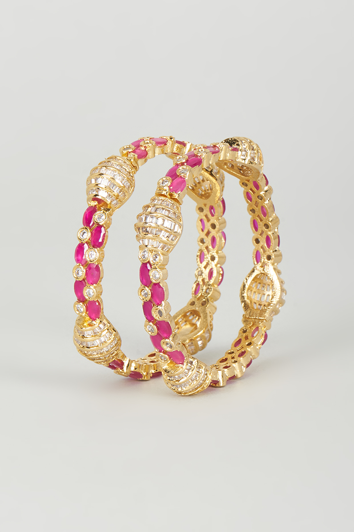 Two Tone Finish Ruby Synthetic Stone Openable Bangles (Set of 2) by Vivinia By Vidhi Mehra at Pernia's Pop Up Shop