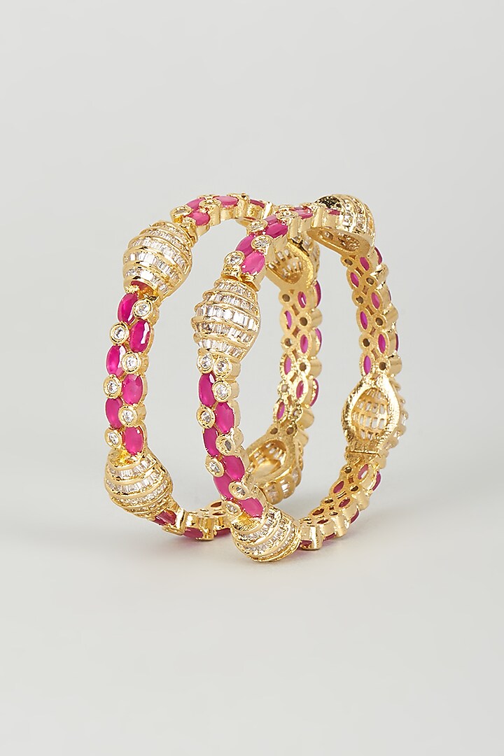 Two Tone Finish Ruby Synthetic Stone Openable Bangles (Set of 2) by Vivinia By Vidhi Mehra at Pernia's Pop Up Shop