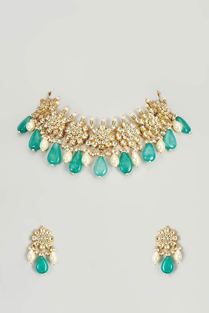 Gold Finish Kundan Polki & Green Beaded Choker Necklace Set by Vivinia By Vidhi Mehra at Pernia's Pop Up Shop