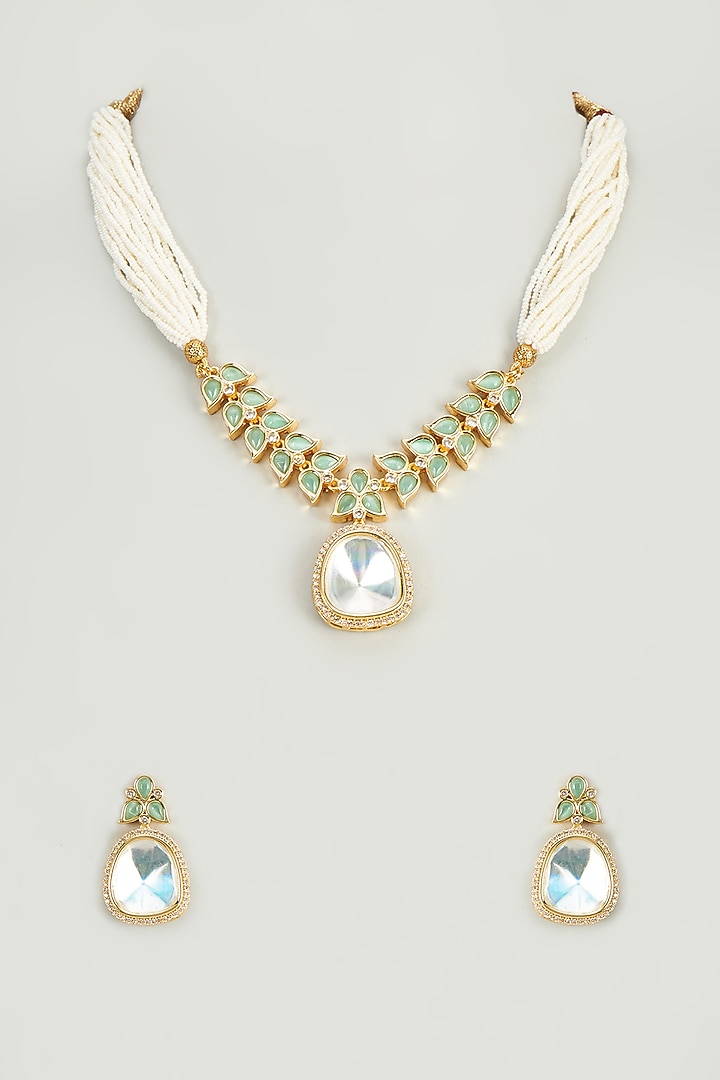 Gold Finish Kundan Polki & Zircon Necklace Set by Vivinia By Vidhi Mehra at Pernia's Pop Up Shop