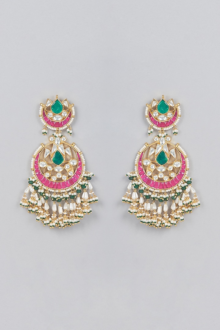 Gold Finish Kundan Polki & Ruby Stone Chandbali Earrings by Vivinia By Vidhi Mehra at Pernia's Pop Up Shop