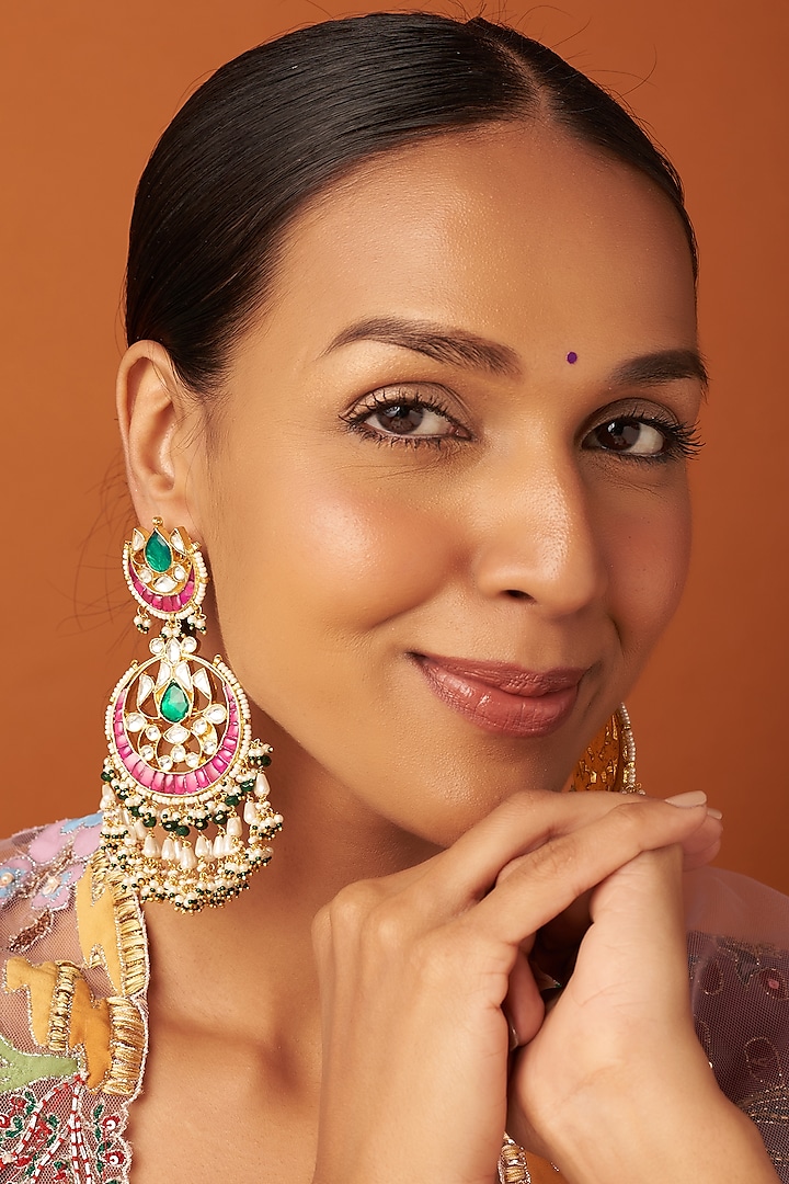 Gold Finish Ruby Stone Chandbali Earrings by Vivinia By Vidhi Mehra