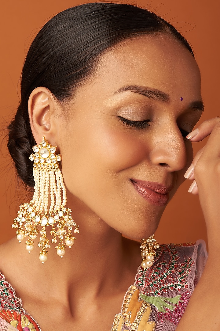 Gold Finish Kundan Polki Dangler Earrings by Vivinia By Vidhi Mehra at Pernia's Pop Up Shop