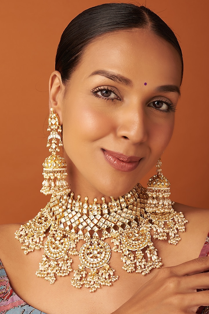 Gold Finish Kundan Polki & Pearl Necklace Set by Vivinia By Vidhi Mehra