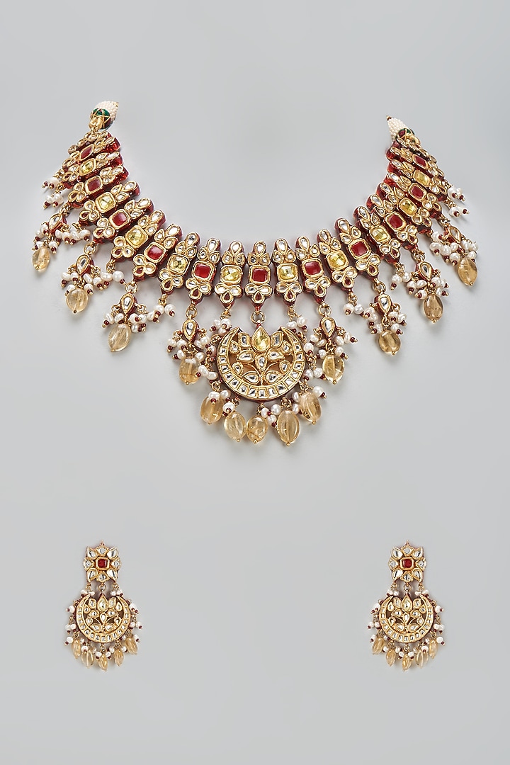 Gold Finish Kundan Polki Choker Necklace Set by Vivinia By Vidhi Mehra at Pernia's Pop Up Shop