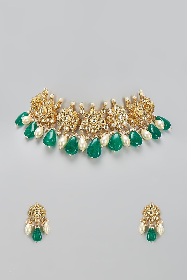 Gold Finish Kundan Polki & Green Beaded Choker Necklace Set by Vivinia By Vidhi Mehra at Pernia's Pop Up Shop