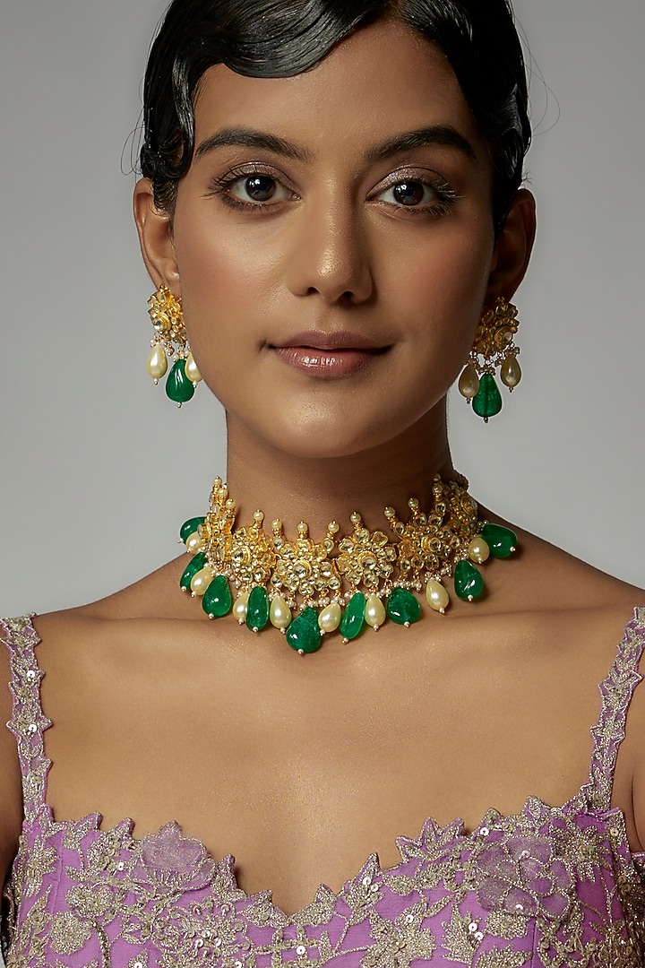Gold Finish Kundan Polki & Green Beaded Choker Necklace Set by Vivinia By Vidhi Mehra at Pernia's Pop Up Shop