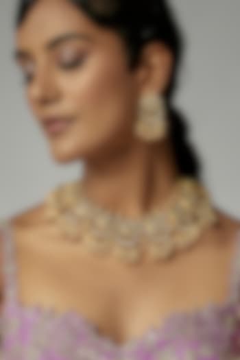 Gold Finish Kundan Polki & Pearl Choker Necklace Set by Vivinia By Vidhi Mehra