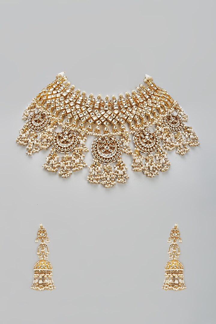 Gold Finish Kundan Polki & Pearl Choker Necklace Set by Vivinia By Vidhi Mehra at Pernia's Pop Up Shop