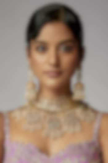 Gold Finish Kundan Polki & Pearl Choker Necklace Set by Vivinia By Vidhi Mehra at Pernia's Pop Up Shop