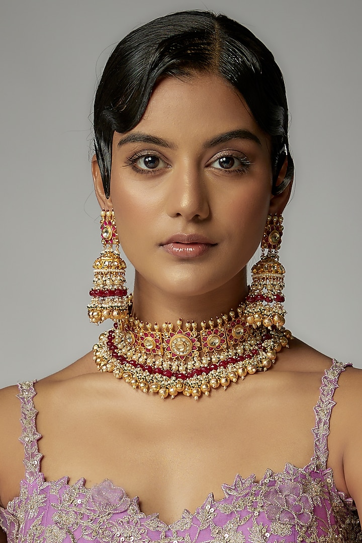 Gold Finish Kundan Polki Choker Necklace Set by Vivinia By Vidhi Mehra