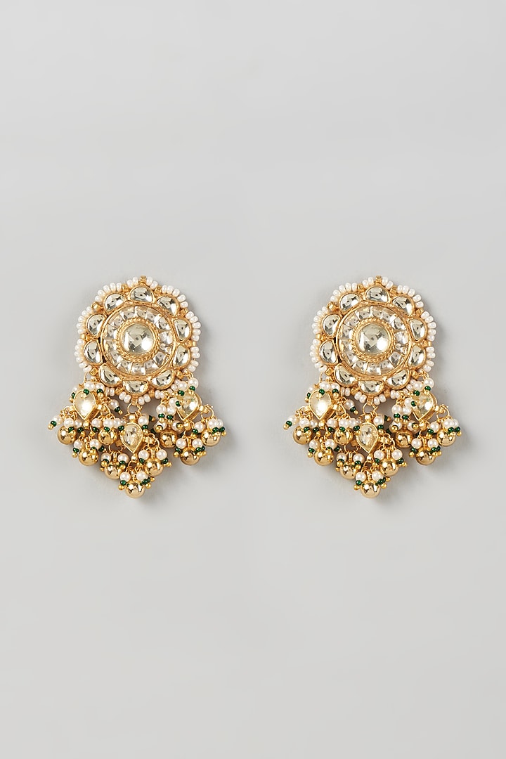 Gold Finish Kundan Polki Dangler Earrings by Vivinia By Vidhi Mehra at Pernia's Pop Up Shop