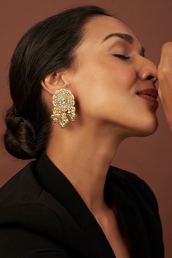 Gold Finish Kundan Polki Dangler Earrings by Vivinia By Vidhi Mehra at Pernia's Pop Up Shop
