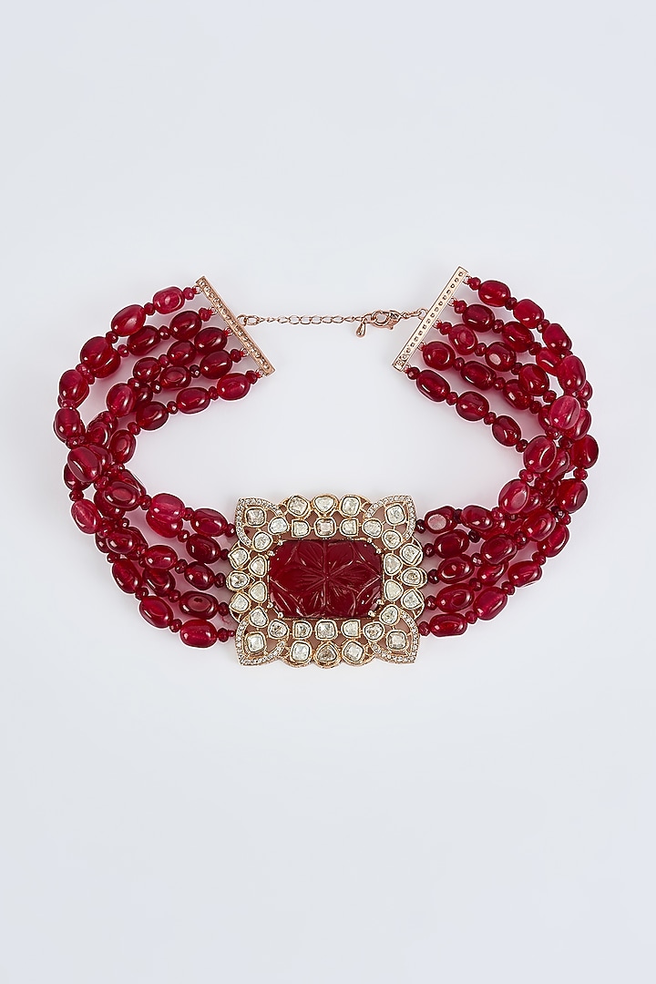 Gold Finish Kundan Polki Red Onyx Beaded Choker Necklace by Vivinia By Vidhi Mehra at Pernia's Pop Up Shop