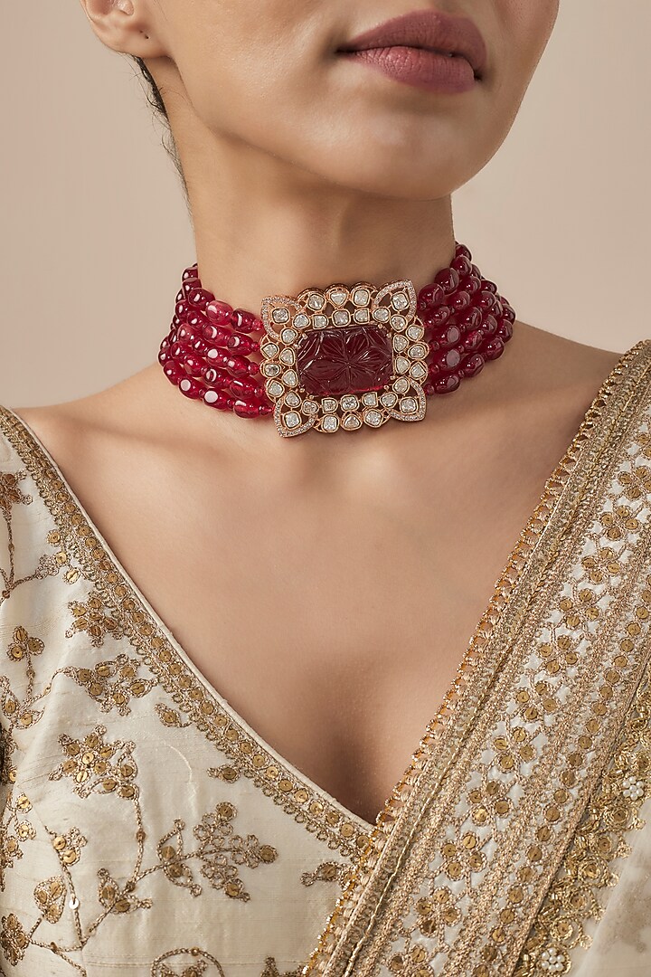 Gold Finish Kundan Polki Red Onyx Beaded Choker Necklace by Vivinia By Vidhi Mehra at Pernia's Pop Up Shop
