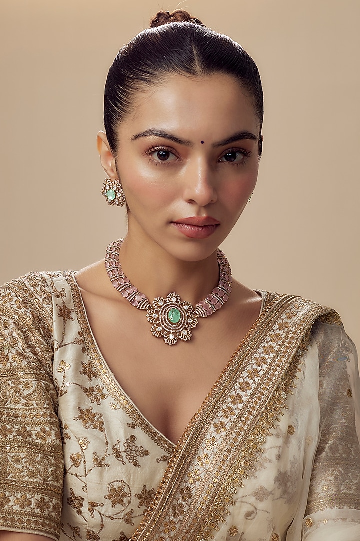 Gold Finish Kundan Polki & Green Stone Choker Necklace Set by Vivinia By Vidhi Mehra at Pernia's Pop Up Shop