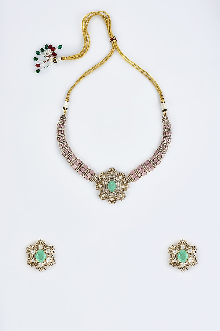 Gold Finish Kundan Polki & Green Stone Choker Necklace Set by Vivinia By Vidhi Mehra at Pernia's Pop Up Shop