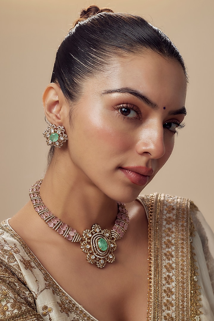 Gold Finish Kundan Polki & Green Stone Choker Necklace Set by Vivinia By Vidhi Mehra at Pernia's Pop Up Shop