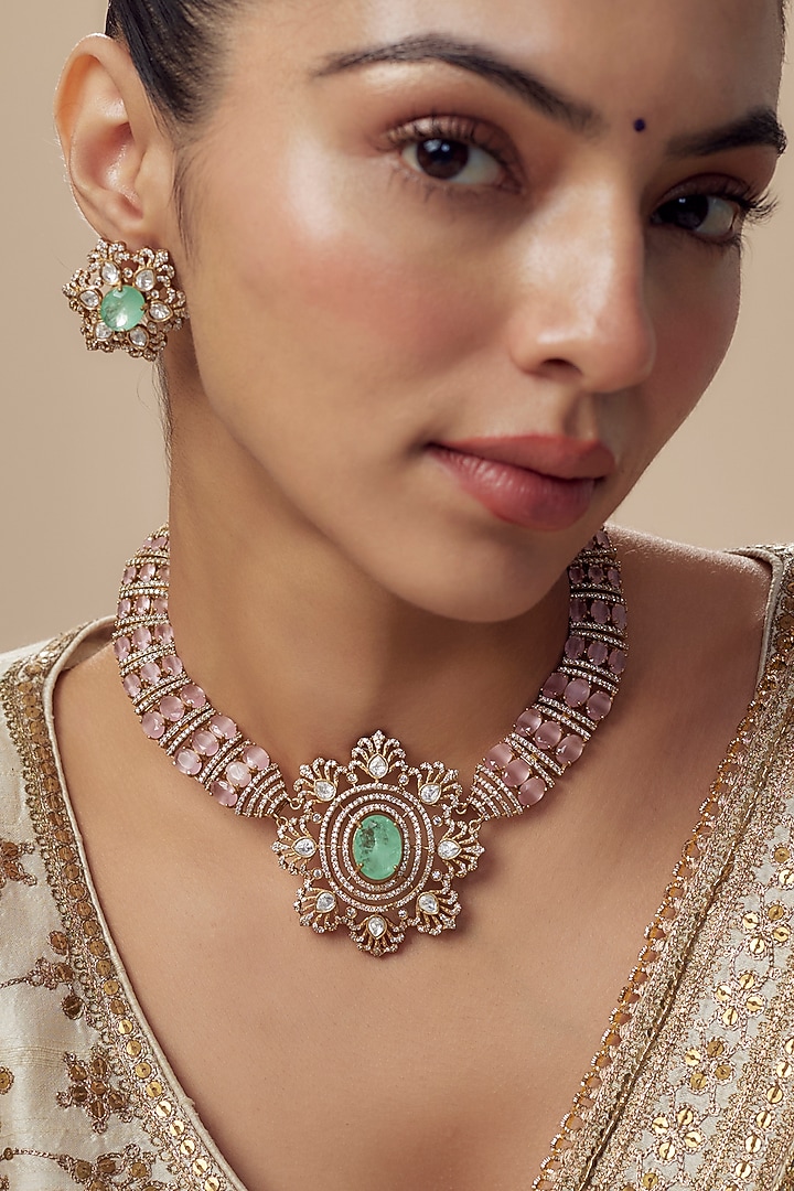 Gold Finish Kundan Polki & Green Stone Choker Necklace Set by Vivinia By Vidhi Mehra at Pernia's Pop Up Shop