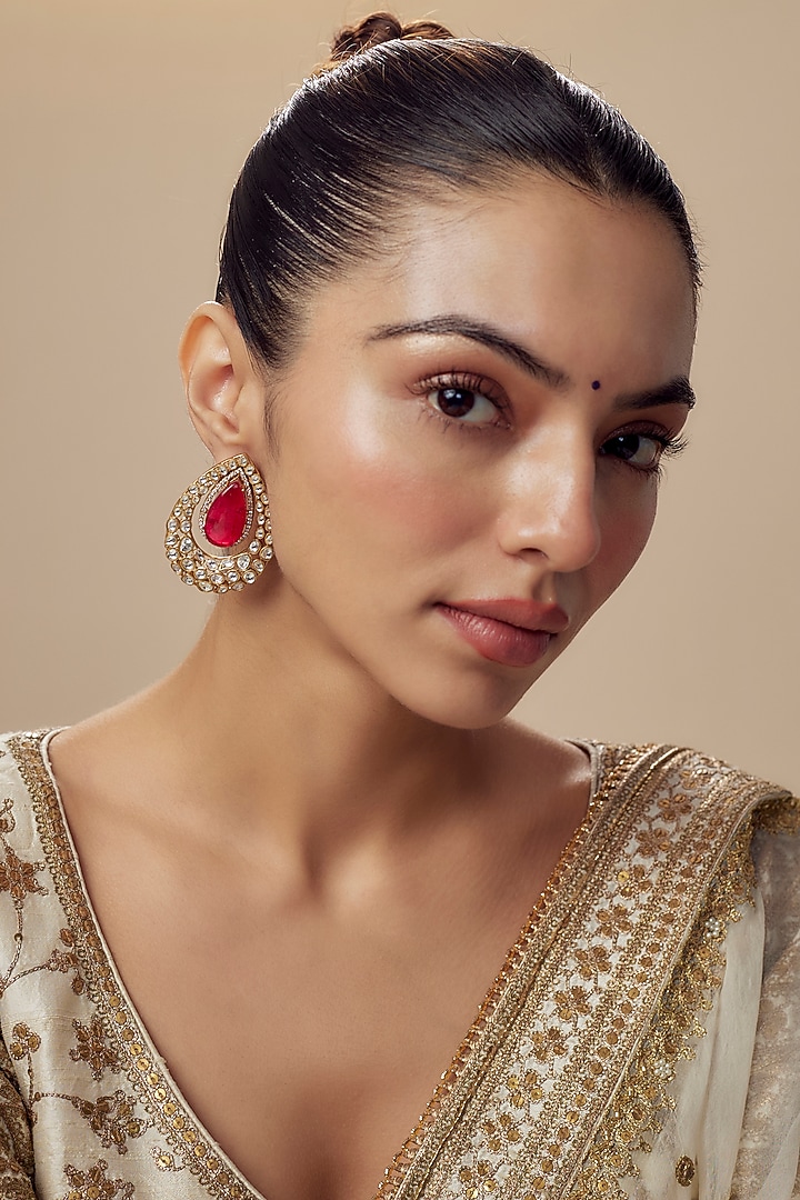 Gold Finish Moissanite Polki Stud Earrings by Vivinia By Vidhi Mehra at Pernia's Pop Up Shop