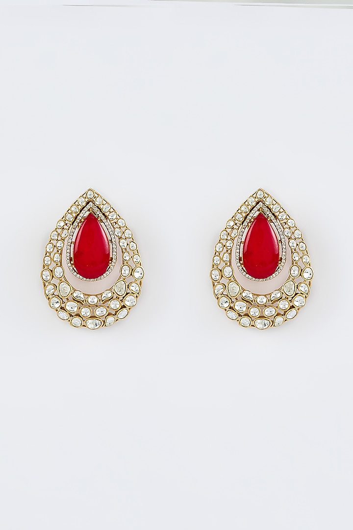 Gold Finish Moissanite Polki Stud Earrings by Vivinia By Vidhi Mehra at Pernia's Pop Up Shop
