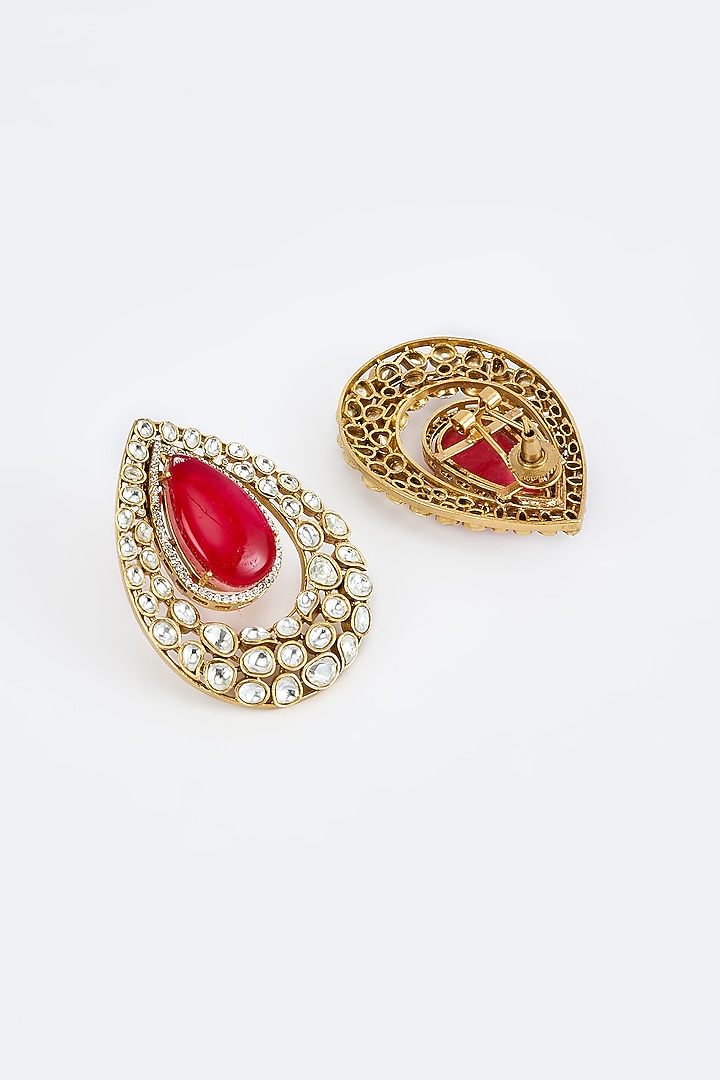 Gold Finish Moissanite Polki Stud Earrings by Vivinia By Vidhi Mehra at Pernia's Pop Up Shop