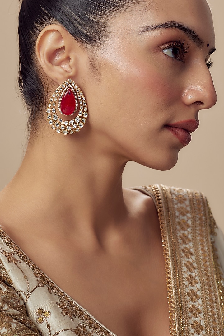Gold Finish Moissanite Polki Stud Earrings by Vivinia By Vidhi Mehra at Pernia's Pop Up Shop