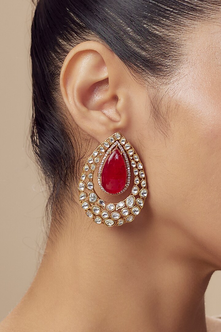 Gold Finish Moissanite Polki Stud Earrings by Vivinia By Vidhi Mehra at Pernia's Pop Up Shop