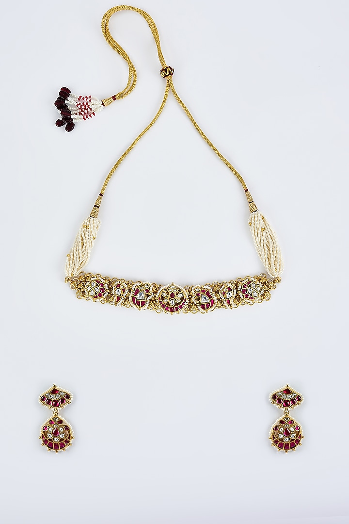 Gold Finish Kundan Polki & Red Stone Choker Necklace Set by Vivinia By Vidhi Mehra at Pernia's Pop Up Shop