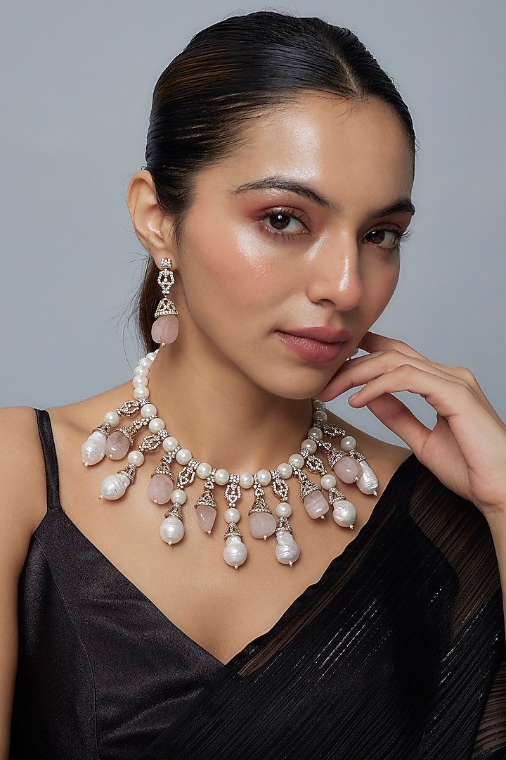 Gold Finish Kundan Polki & Pink Diamond Necklace Set by Vivinia By Vidhi Mehra at Pernia's Pop Up Shop