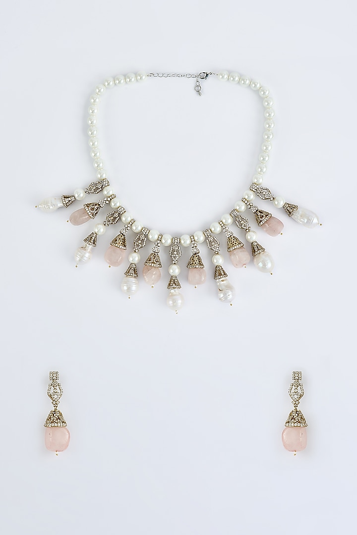 Gold Finish Kundan Polki & Pink Diamond Necklace Set by Vivinia By Vidhi Mehra at Pernia's Pop Up Shop