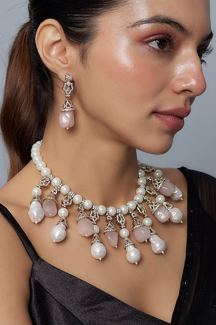Gold Finish Kundan Polki & Pink Diamond Necklace Set by Vivinia By Vidhi Mehra at Pernia's Pop Up Shop