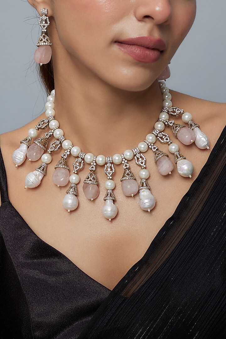 Gold Finish Kundan Polki & Pink Diamond Necklace Set by Vivinia By Vidhi Mehra at Pernia's Pop Up Shop