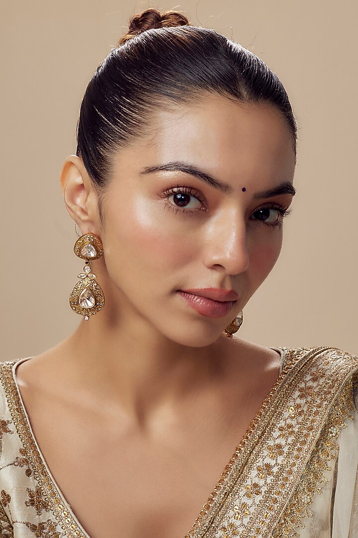 Gold Finish Kundan Polki Dangler Earrings by Vivinia By Vidhi Mehra at Pernia's Pop Up Shop