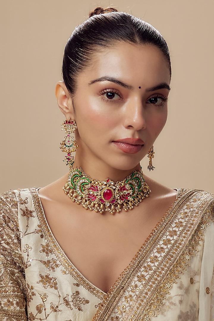 Gold Finish Kundan Polki & Green Stone Choker Necklace Set by Vivinia By Vidhi Mehra at Pernia's Pop Up Shop