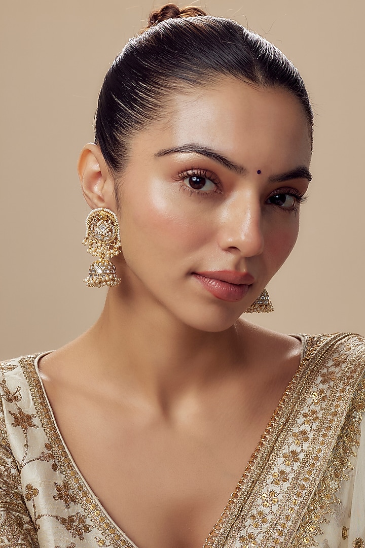 Gold Finish Kundan Polki Jhumka Earrings by Vivinia By Vidhi Mehra at Pernia's Pop Up Shop