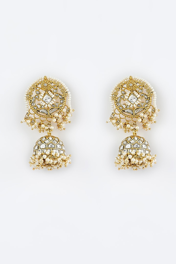 Gold Finish Kundan Polki Jhumka Earrings by Vivinia By Vidhi Mehra at Pernia's Pop Up Shop