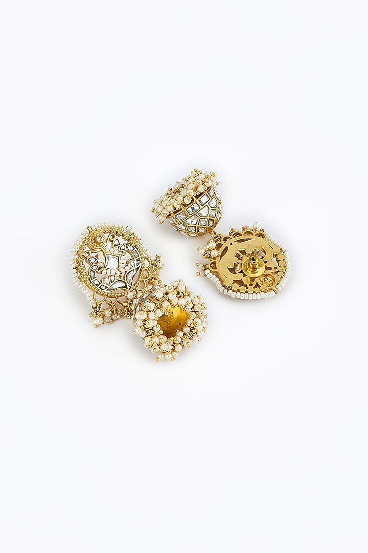 Gold Finish Kundan Polki Jhumka Earrings by Vivinia By Vidhi Mehra at Pernia's Pop Up Shop