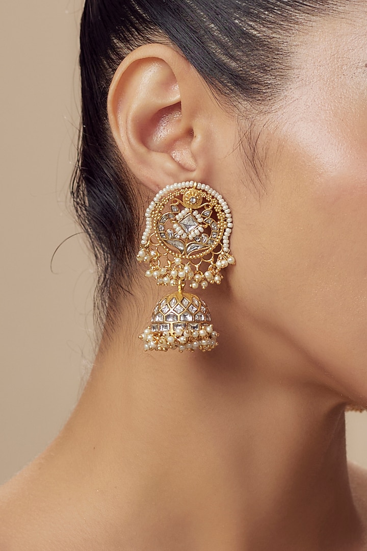 Gold Finish Kundan Polki Jhumka Earrings by Vivinia By Vidhi Mehra at Pernia's Pop Up Shop