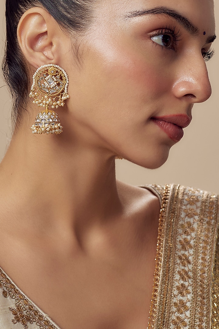 Gold Finish Kundan Polki Jhumka Earrings by Vivinia By Vidhi Mehra at Pernia's Pop Up Shop