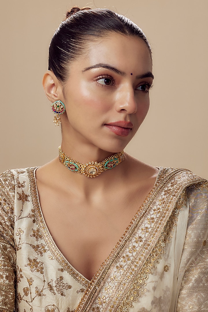 Gold Finish Kundan Polki & Multi-Colored Beaded Choker Necklace Set by Vivinia By Vidhi Mehra at Pernia's Pop Up Shop