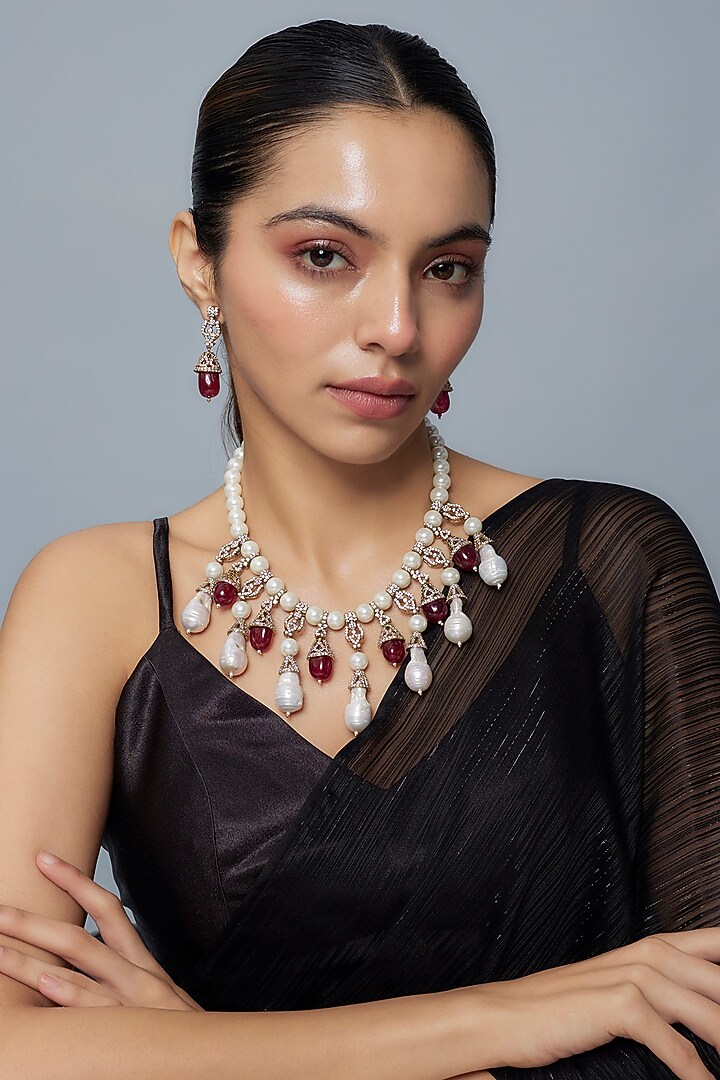 Gold Finish Diamond & Red Stone Long Necklace Set by Vivinia By Vidhi Mehra at Pernia's Pop Up Shop