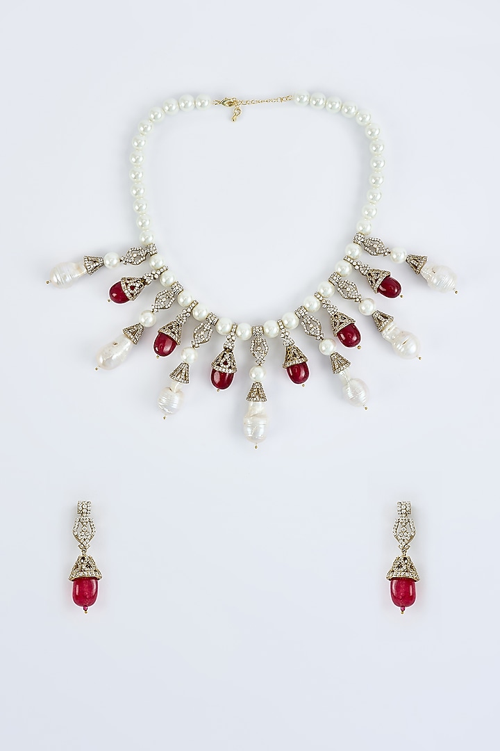 Gold Finish Diamond & Red Stone Long Necklace Set by Vivinia By Vidhi Mehra at Pernia's Pop Up Shop
