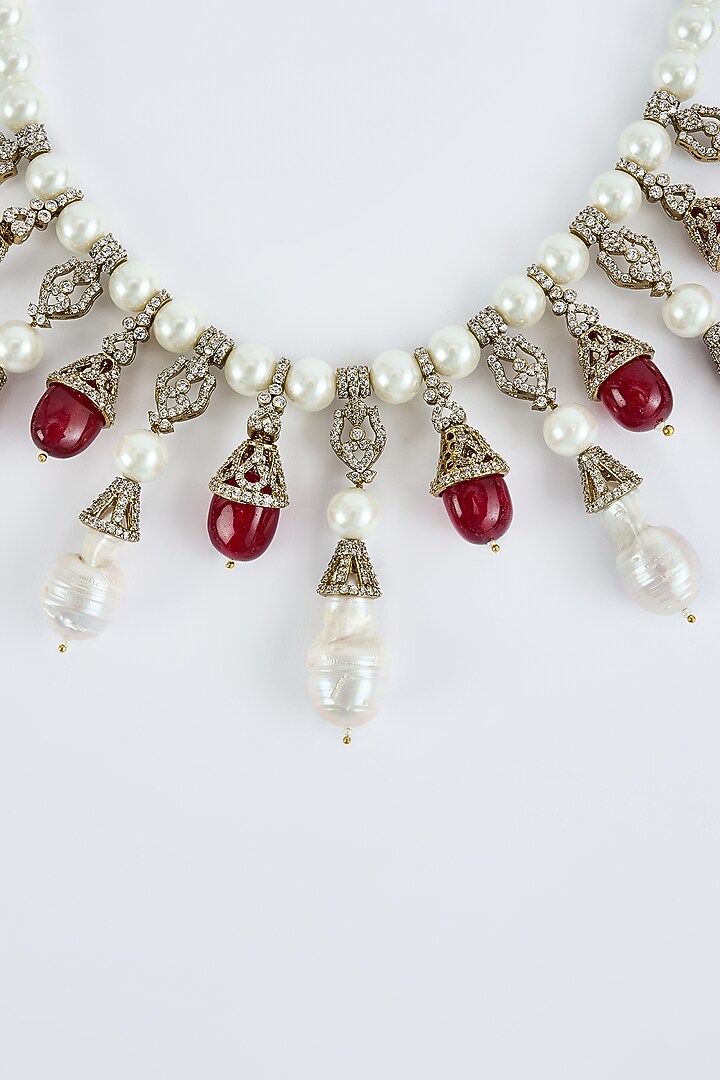 Gold Finish Diamond & Red Stone Long Necklace Set by Vivinia By Vidhi Mehra at Pernia's Pop Up Shop