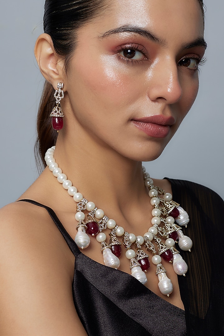 Gold Finish Diamond & Red Stone Long Necklace Set by Vivinia By Vidhi Mehra at Pernia's Pop Up Shop