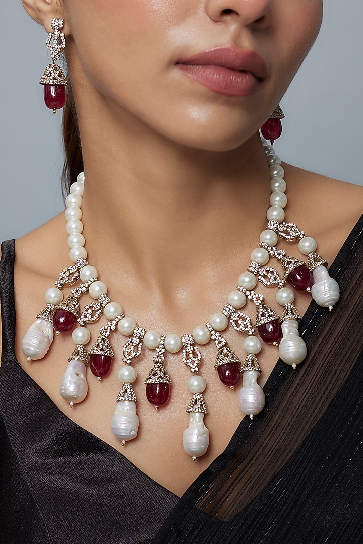Gold Finish Diamond & Red Stone Long Necklace Set by Vivinia By Vidhi Mehra at Pernia's Pop Up Shop